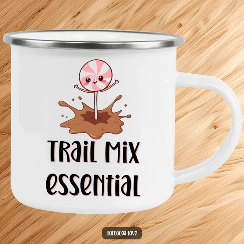 Funny Peppermint Stick character precariously balancing on a cocoa splash, rugged and humorous enamel camping mug.