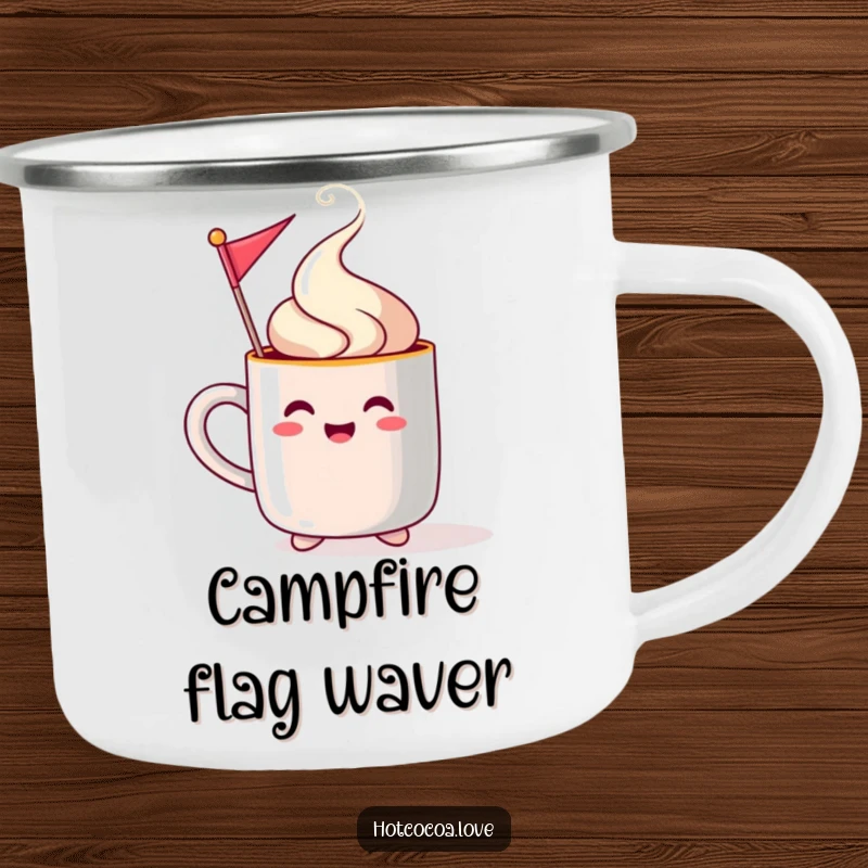 Funny steaming mug character waving a festive flag on an enamel camping mug, perfect for holiday outdoor activities.