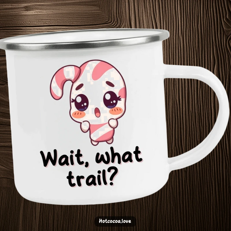 Funny camping mug featuring a surprised candy cane character doing a comical double take, durable and humorous, great gift.