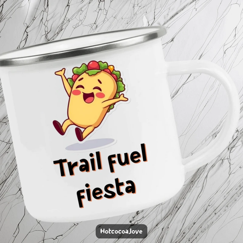 Funny taco cartwheel enamel camping mug with a cheerful taco character performing a cartwheel, made for outdoor fiesta fun.