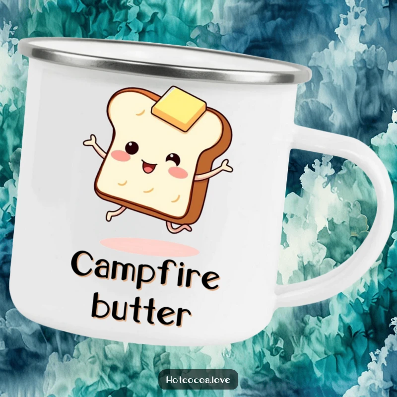 Funny camping mug featuring a giggling piece of toast with legs dancing with a butter pat. Durable and humorous outdoor cup.