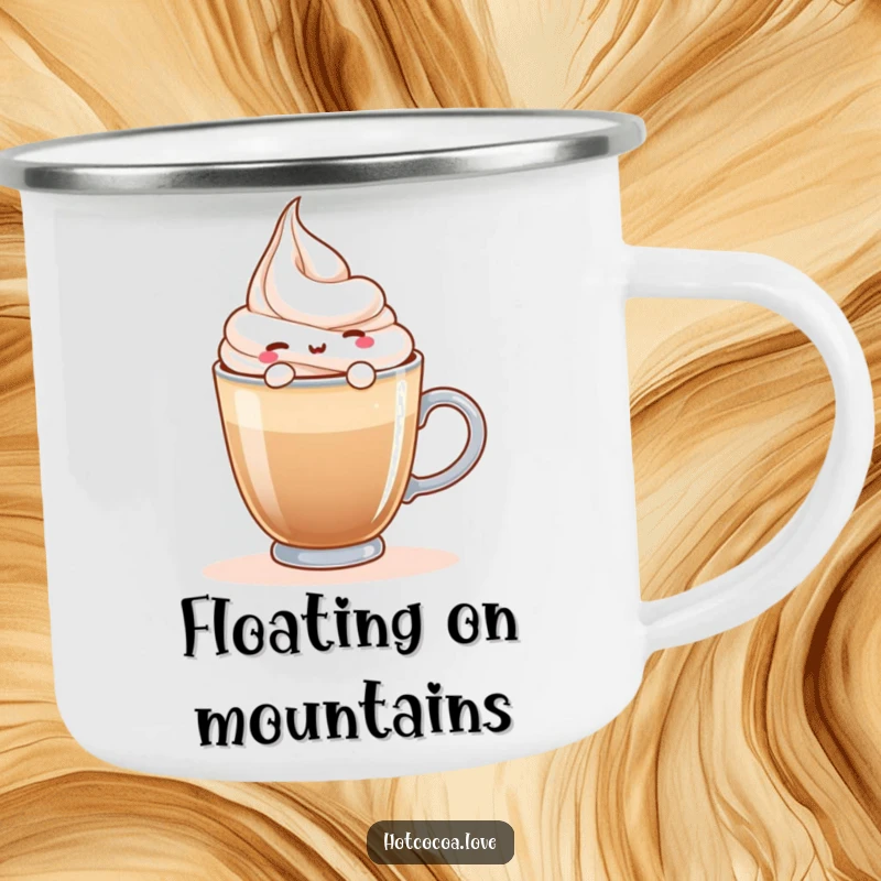 Funny camping mug with a happy whipped cream character floating on a hot beverage, perfect for cozy outdoor sips.