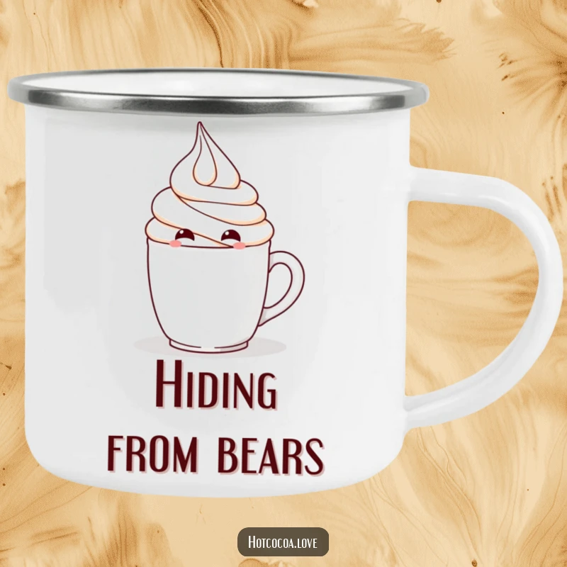 Funny camping mug with a mischievous whipped cream character hiding, rugged and playful, great funny gift.