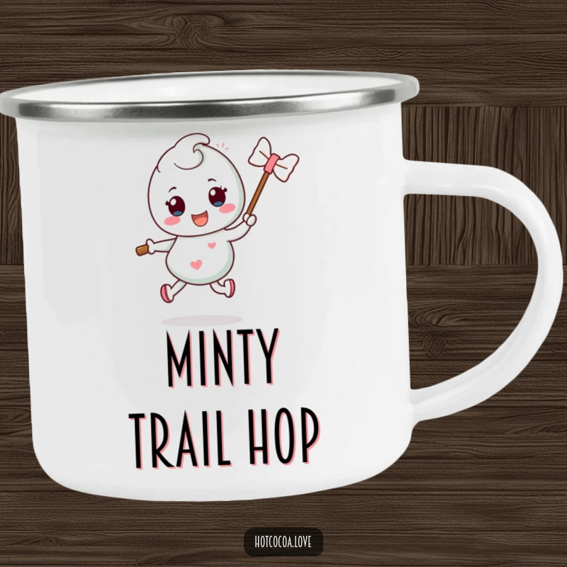 Funny mint candy character with a stick doing a silly hop, printed on a sturdy camping mug, ideal for outdoor refreshment and humor.