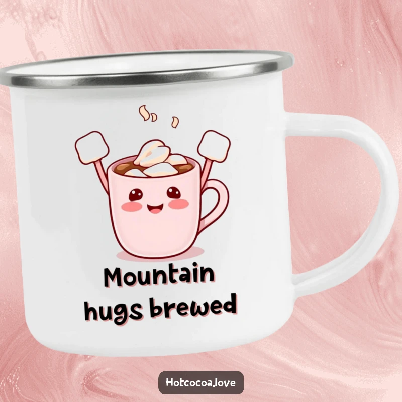 Funny camping mug featuring a smiling hot cocoa character with marshmallow arms up, symbolizing adventure and cheerful outdoor moments.