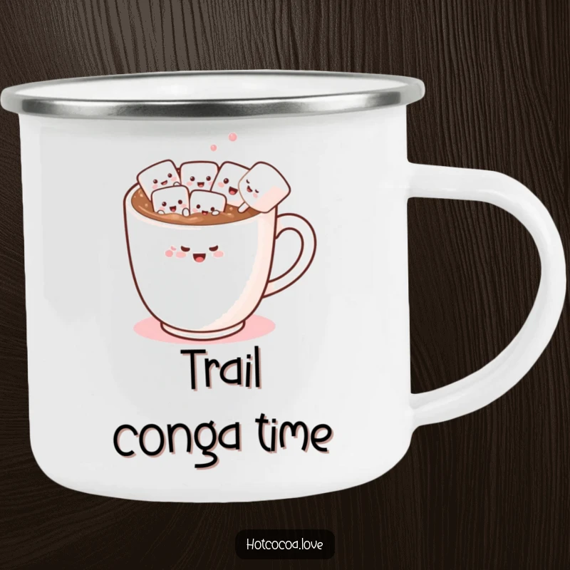 Funny camping mug showing a hot chocolate mug with marshmallow friends conga dancing, ready for outdoor fun.