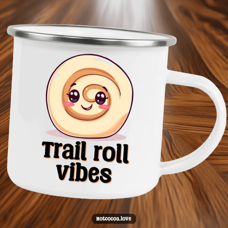 Funny camping mug featuring a gleeful cinnamon roll character with swirl eyes rolling happily. Durable and sweet outdoor cup.