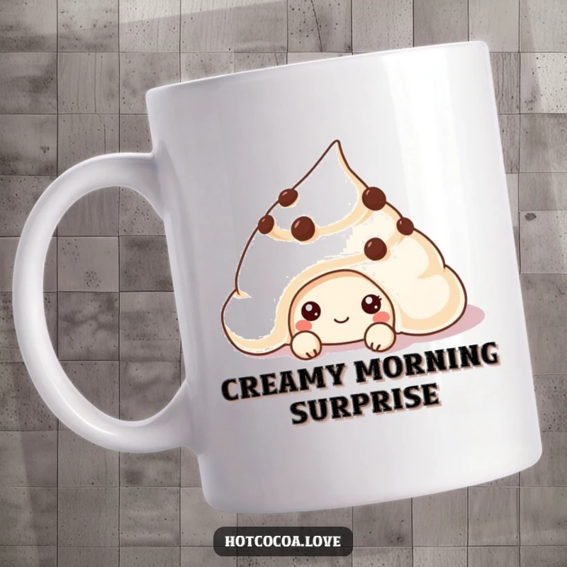Funny chocolate chip cookie character peeking from under cream on a mug, conveying playful sweetness and humor.
