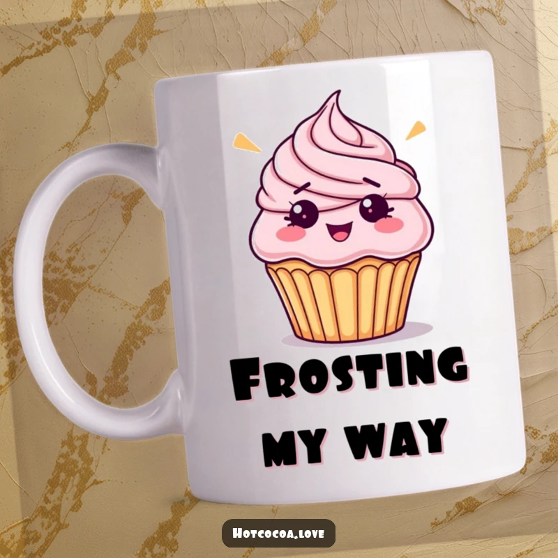 Funny bewildered cupcake with messy, askew frosting, looking surprised on a humorous coffee mug.
