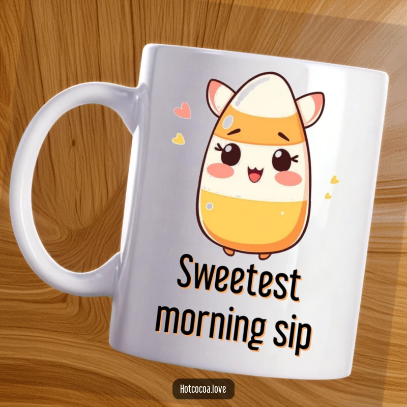 Funny blushing candy corn winking flirtatiously on a humorous coffee mug, perfect for Halloween fans.