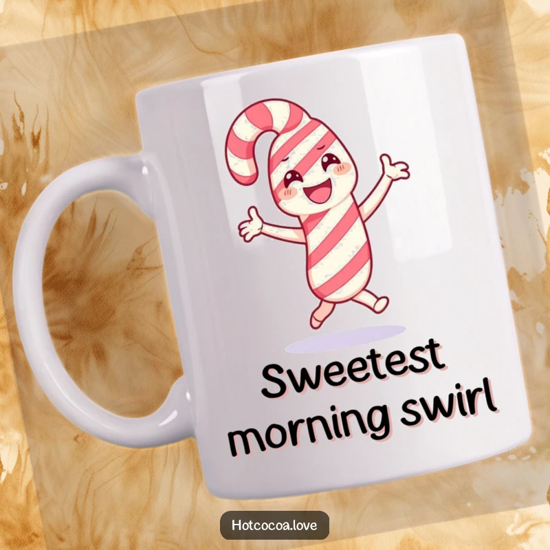 Funny mug featuring a smiling candy cane character doing a celebratory dance, radiating holiday cheer and festive joy.