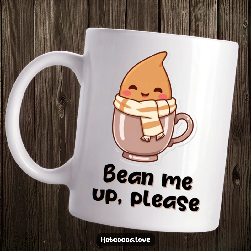 Funny mug with a smiling cocoa bean character wearing a tiny scarf, peeking adorably from the rim.