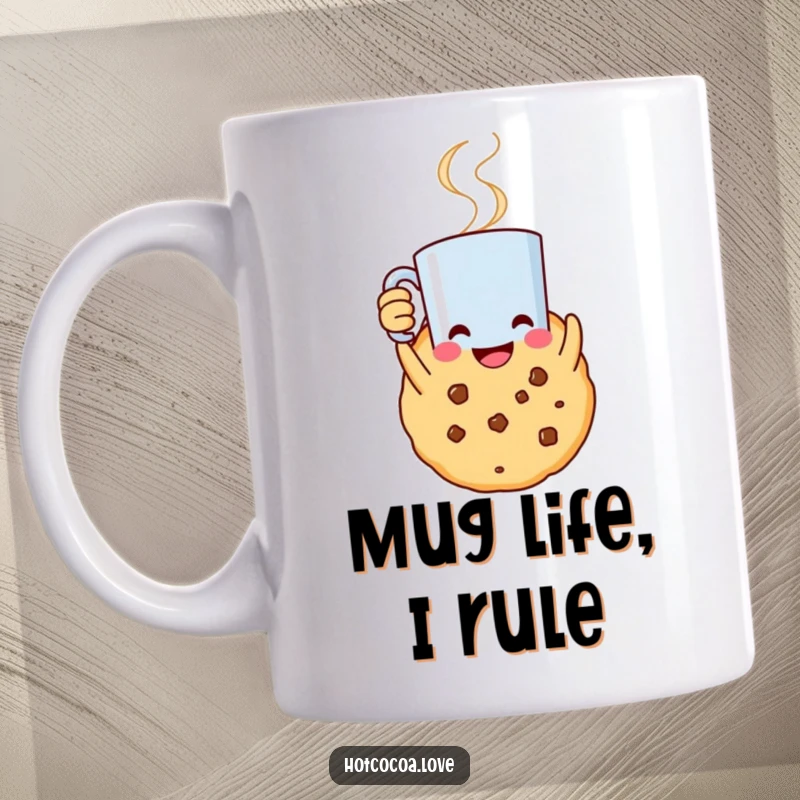 Funny mug featuring a smiling cookie character triumphantly holding a steaming mug aloft in celebration.