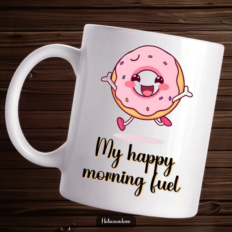 Funny smiling doughnut character joyfully jumping mid-air, sweet and whimsical treat illustration.