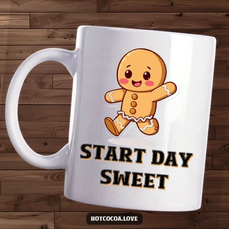 Funny mug featuring a happy anthropomorphic gingerbread cookie character skipping with joy, radiating sweet holiday cheer and fun.