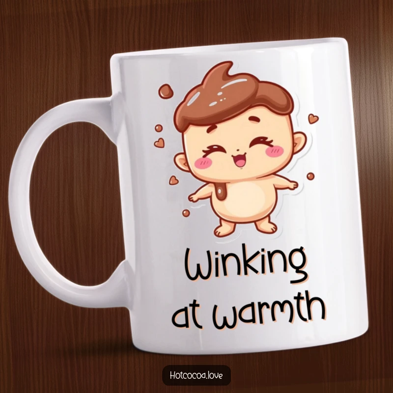 Funny mug featuring an anthropomorphic hot chocolate character winking mischievously with a playful, inviting expression.