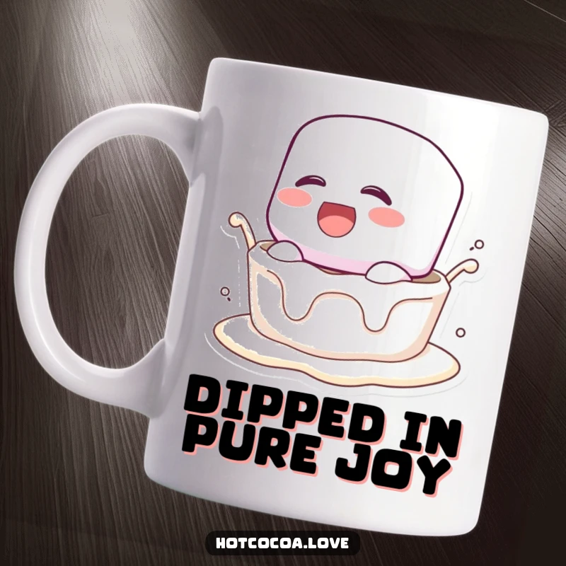 Funny mug showing a marshmallow character laughing hysterically while being dunked into a creamy liquid, capturing pure, sweet joy.