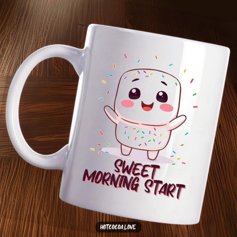 Funny marshmallow juggling mug showing a smiling marshmallow character playfully tossing colorful sprinkles, embodying sweetness and fun.