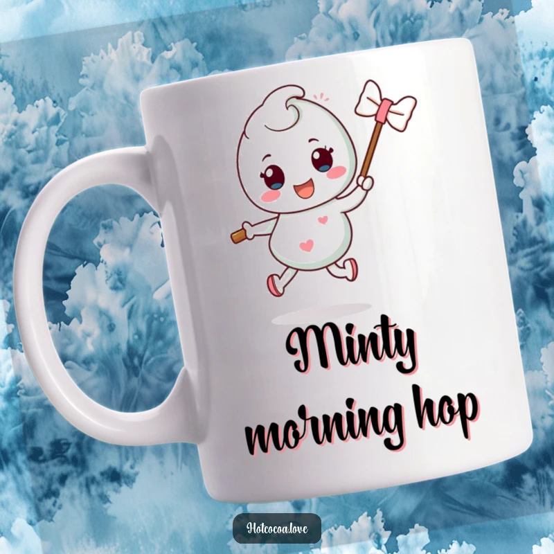 Funny mint candy character with a stick performing a silly hop, a refreshing and humorous mug design.