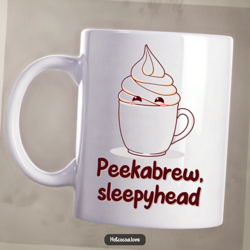 Funny mug with a mischievous whipped cream character playfully hiding behind it, cute and humorous, perfect gift.