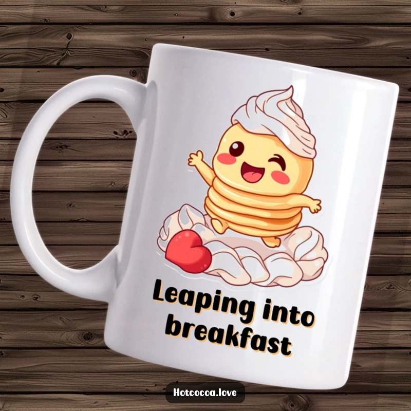 Funny mug with a giggling stack of pancakes character joyfully leaping through a fluffy cloud of whipped cream, celebrating breakfast fun.
