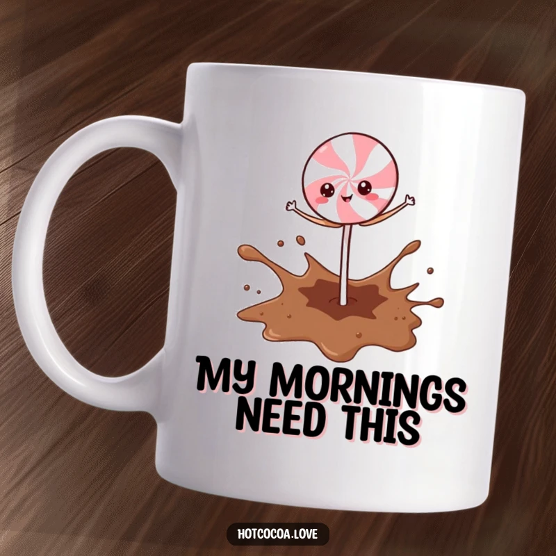 Funny Peppermint Stick balancing precariously on a splash of cocoa, ready to fall, whimsical holiday character art.