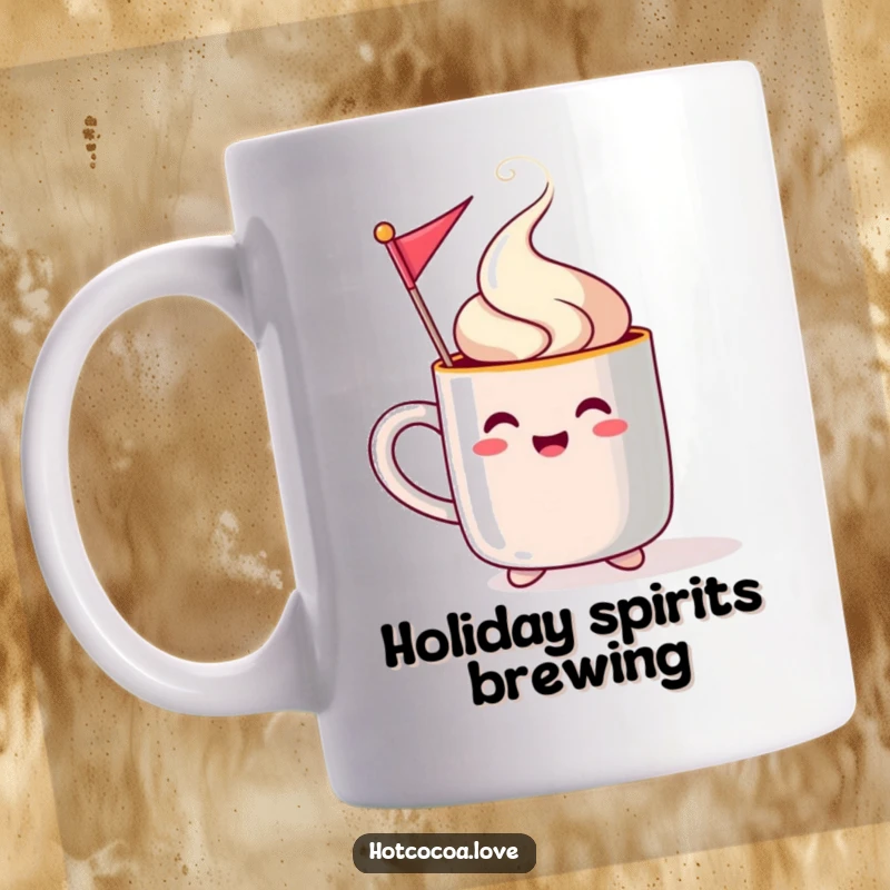 Funny steaming mug character waving a tiny festive flag, spreading holiday cheer and warmth in a humorous design.