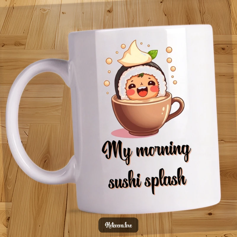 Funny mug with a happy sushi roll character splashing with joy in a cup of hot cocoa, a delightful and humorous scene.
