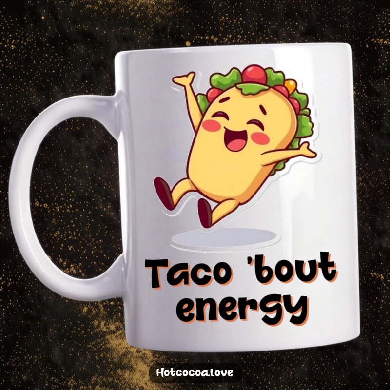 Funny taco cartwheel mug showing a cheerful taco character excitedly performing a cartwheel with flair, embodying fun and Mexican food love.