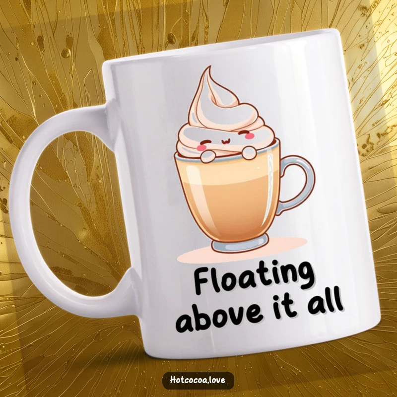Funny mug showing a content whipped cream character happily floating on top of a steaming hot beverage, exuding relaxation.