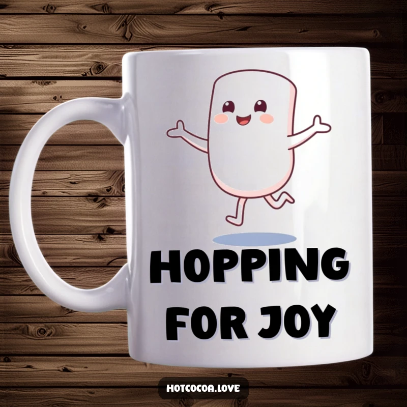 Funny mug featuring a smiling marshmallow character hopping excitedly with arms outstretched, ready for a hug. Sweet and joyful.