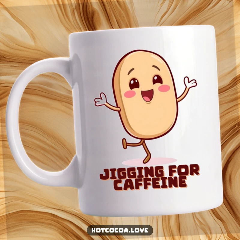 Funny mug featuring a gleeful coffee bean character doing a happy jig, full of energy and joy, perfect gift.