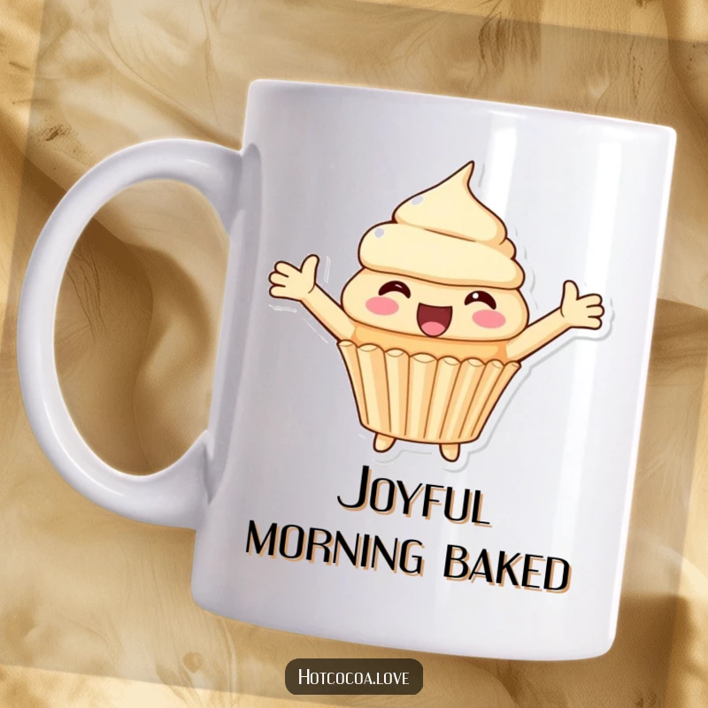 Funny mug showcasing a delighted cupcake character with arms spread wide, embodying pure happiness and sweet celebration.