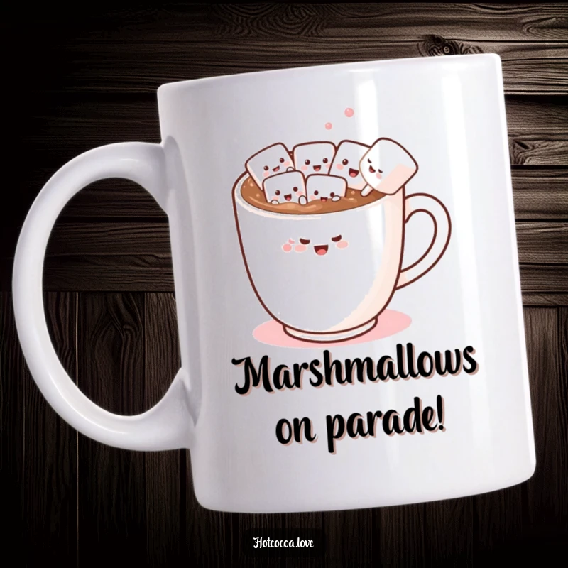 Funny mug with a steaming mug of hot chocolate, marshmallow friends conga dancing joyfully, festive and cheerful.