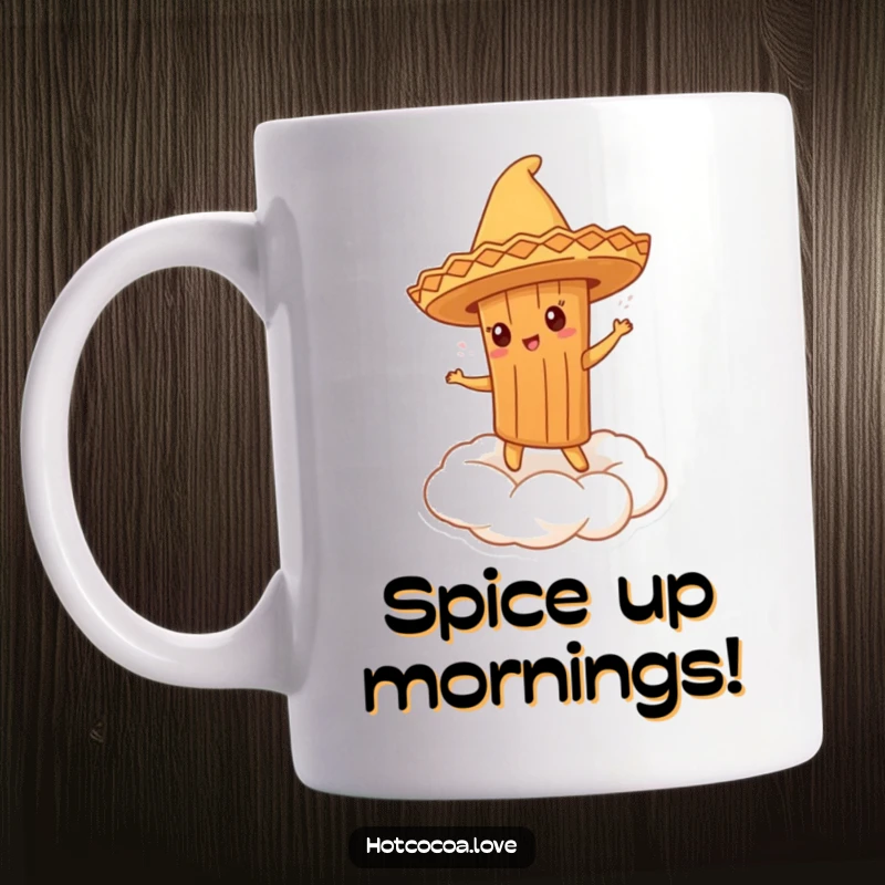 Funny mug with a cinnamon stick character wearing a tiny sombrero, dancing gleefully on a fluffy whipped cream cloud.