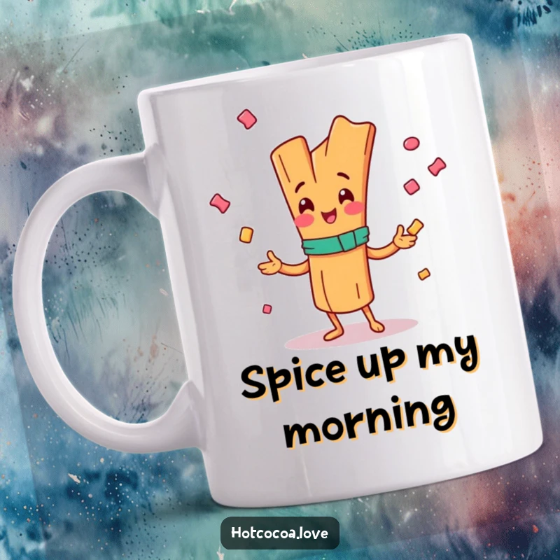 Funny mug featuring a happy cinnamon stick character joyfully juggling small candy pieces, conveying fun and delight, perfect gift.