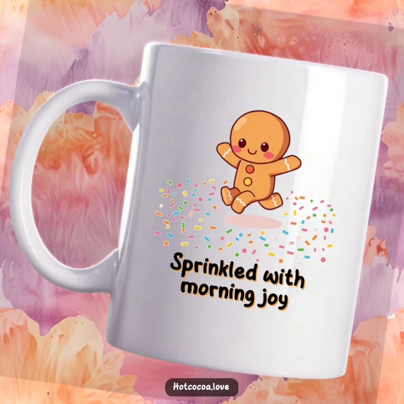Funny mug showing a delighted gingerbread character happily skipping through a vibrant field of colorful sprinkles, exuding pure joy.