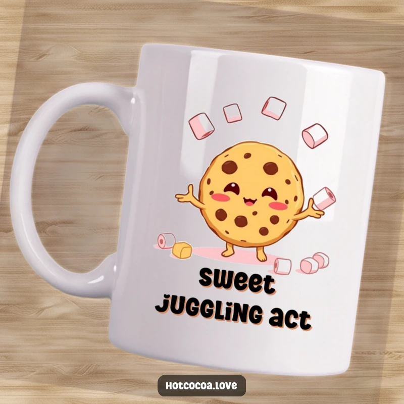 Funny mug illustration of a beaming cookie character juggling marshmallows, a whimsical and sweet design.