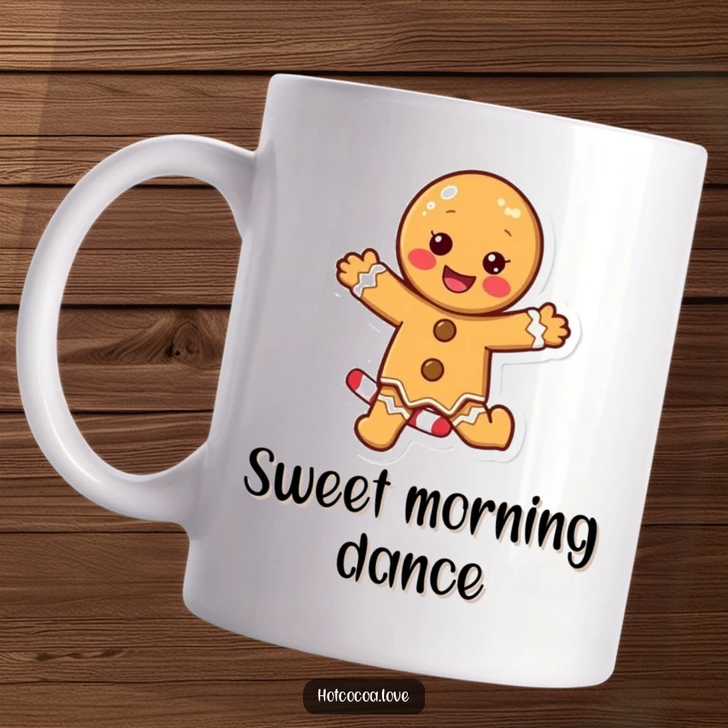 Funny mug with a delighted gingerbread cookie character excitedly dancing atop a striped candy cane, spreading holiday cheer.