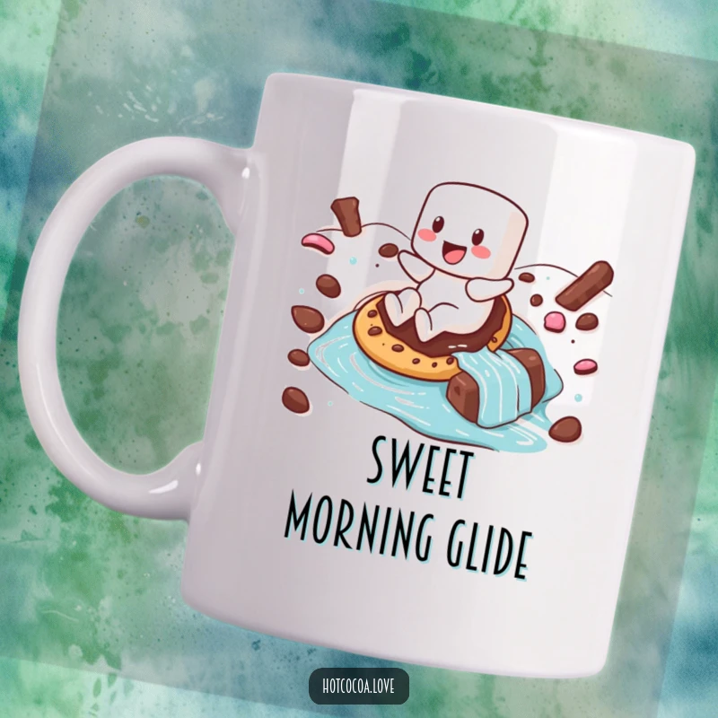 Funny mug showing a happy marshmallow character sliding down a hot chocolate river on a cookie, depicting a sweet adventure.