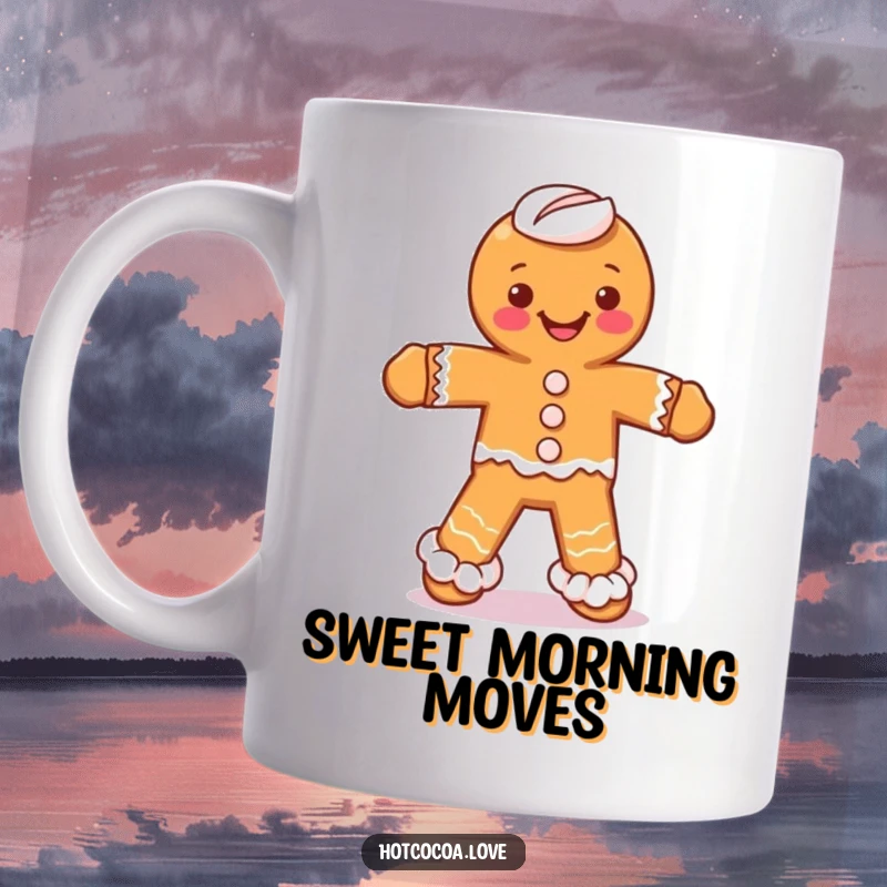Funny mug with a smiling gingerbread man character whose legs are made of whipped cream, performing a silly dance.