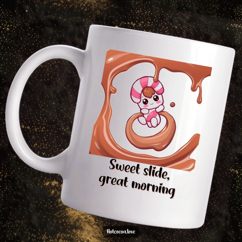 Funny mug showing a happy candy cane character sliding gleefully down a luscious chocolate syrup swirl, celebrating holiday fun.