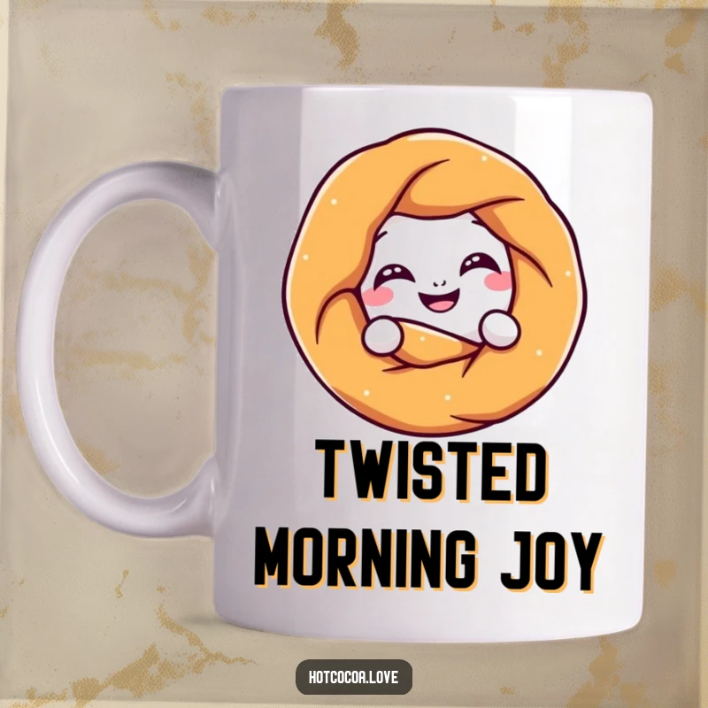 Funny pretzel character with a grin playfully twisting into a knot, a deliciously humorous mug design.