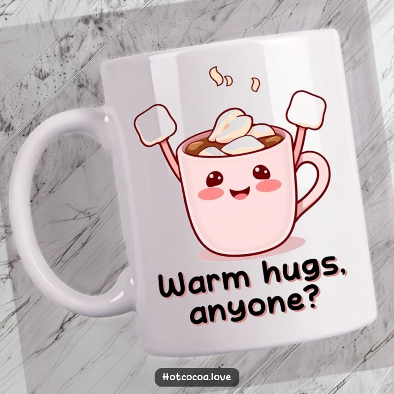 Funny hot cocoa mug with a cute character, marshmallow arms raised joyfully, embodying warmth and happiness for a perfect gift.