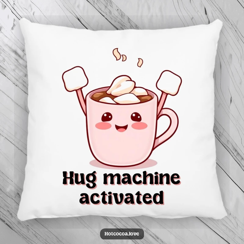 Funny pillow featuring a smiling hot cocoa mug character with its marshmallow arms raised, offering a soft and cheerful decorative touch.