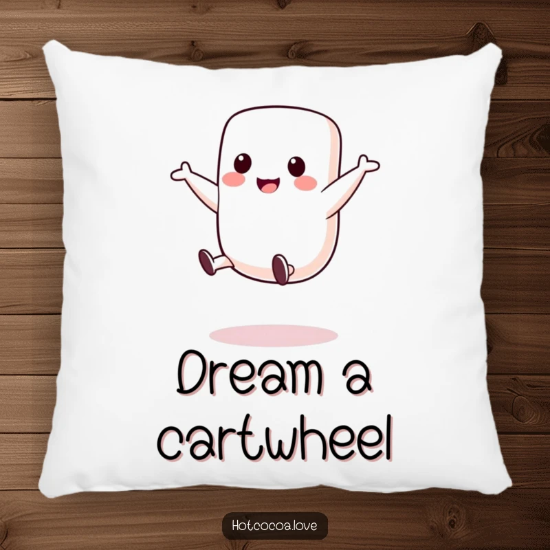 Funny pillow featuring a cute marshmallow character mid-cartwheel, offering soft comfort and a playful decorative touch.
