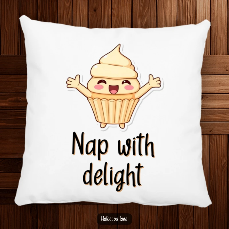Funny pillow featuring a delighted cupcake character with arms spread wide, offering soft comfort and a welcoming embrace.