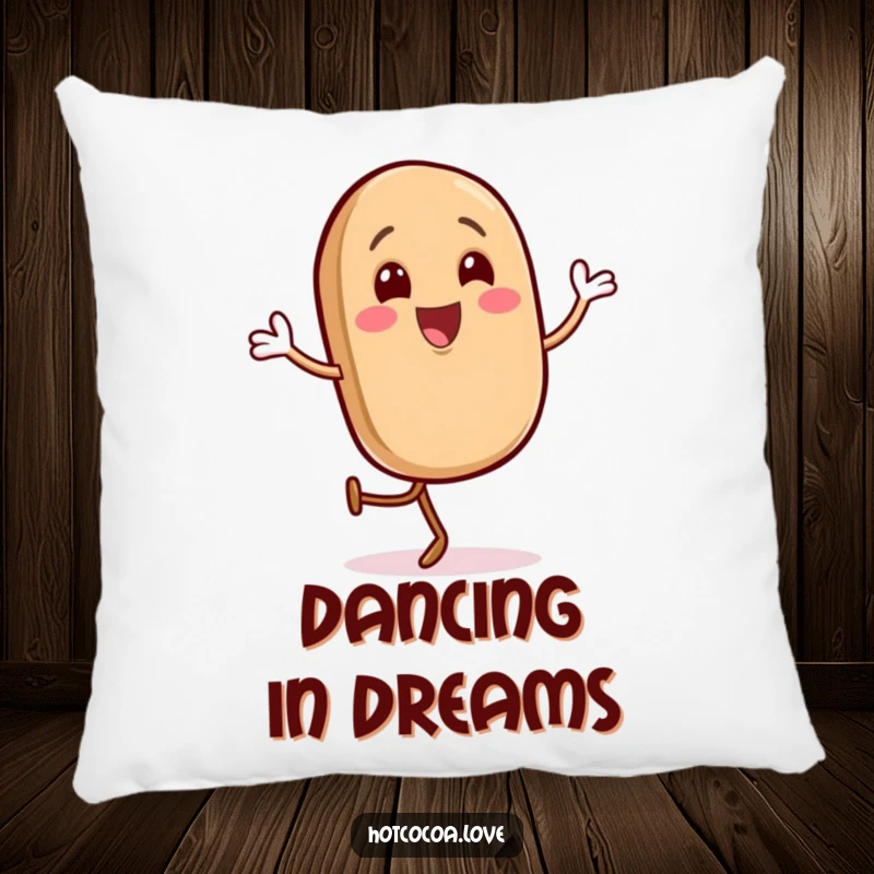 Funny pillow with a gleeful coffee bean character doing a happy jig, soft and cheerful decor, ideal funny gift.