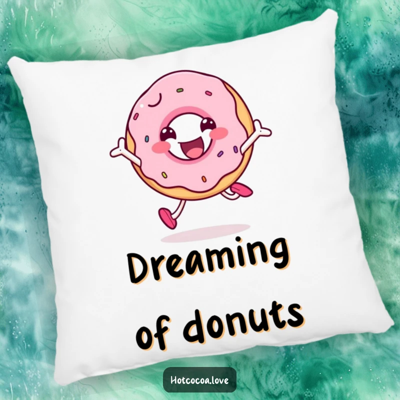 Funny smiling doughnut character jumping with joy, plush and humorous decorative pillow with a sweet theme.