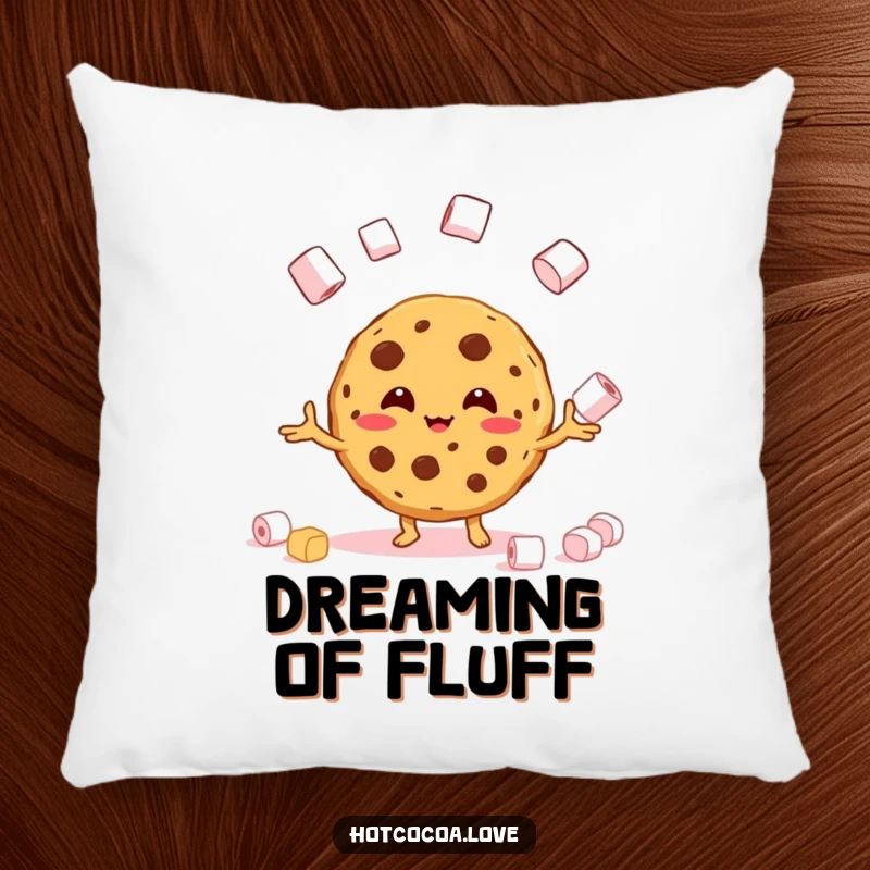Funny pillow featuring a beaming cookie character juggling marshmallows, soft and amusing home decor.